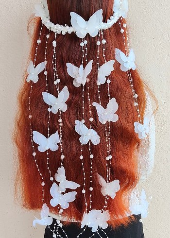 Beyaz Boncuklu Bohem Kelebekli Saç Aksesuarı - Görsel 9