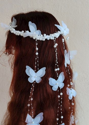 Beyaz Boncuklu Bohem Kelebekli Saç Aksesuarı - Görsel 5