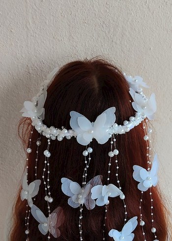 Beyaz Boncuklu Bohem Kelebekli Saç Aksesuarı - Görsel 6