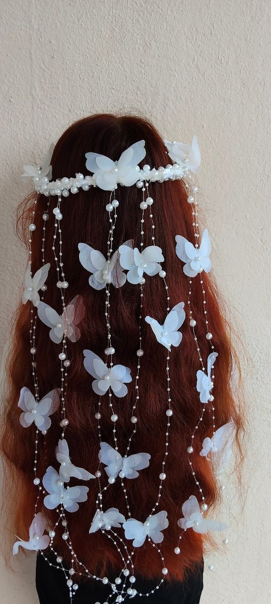 Beyaz Boncuklu Bohem Kelebekli Saç Aksesuarı - Görsel 2