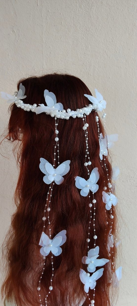 Beyaz Boncuklu Bohem Kelebekli Saç Aksesuarı - Görsel 5