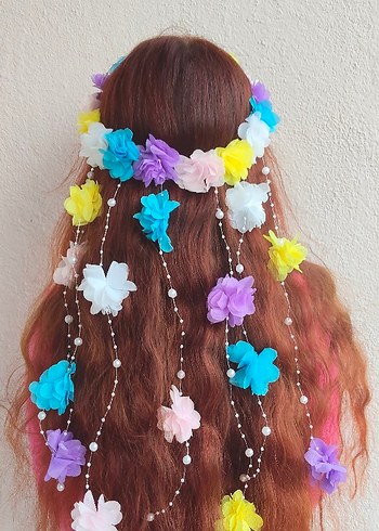 Boncuklu Pastel Renkli Bohem Çiçekli Saç Aksesuarı - Görsel 3