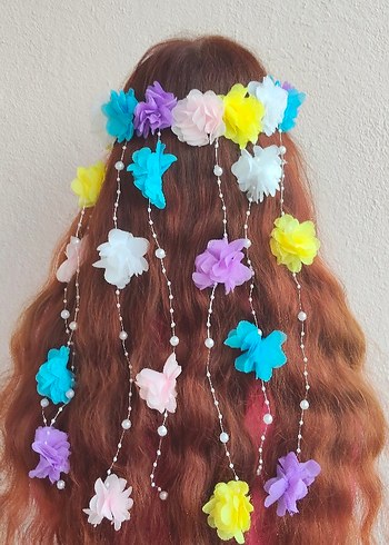 Boncuklu Pastel Renkli Bohem Çiçekli Saç Aksesuarı - Görsel 2