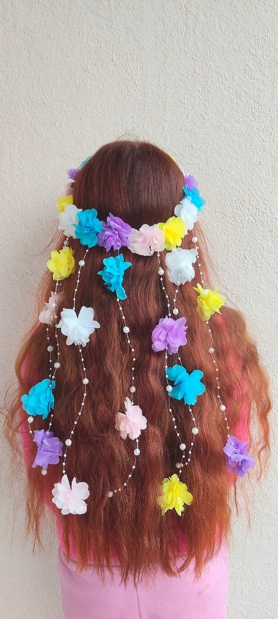 Boncuklu Pastel Renkli Bohem Çiçekli Saç Aksesuarı - Görsel 3