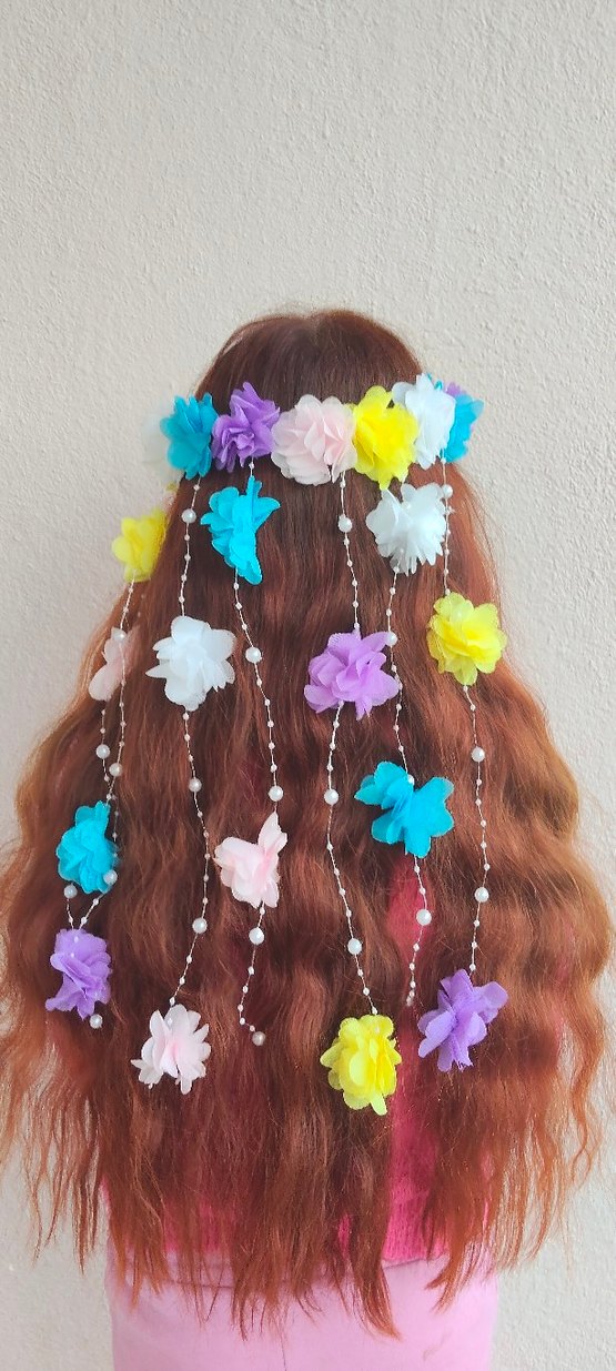 Boncuklu Pastel Renkli Bohem Çiçekli Saç Aksesuarı - Görsel 2