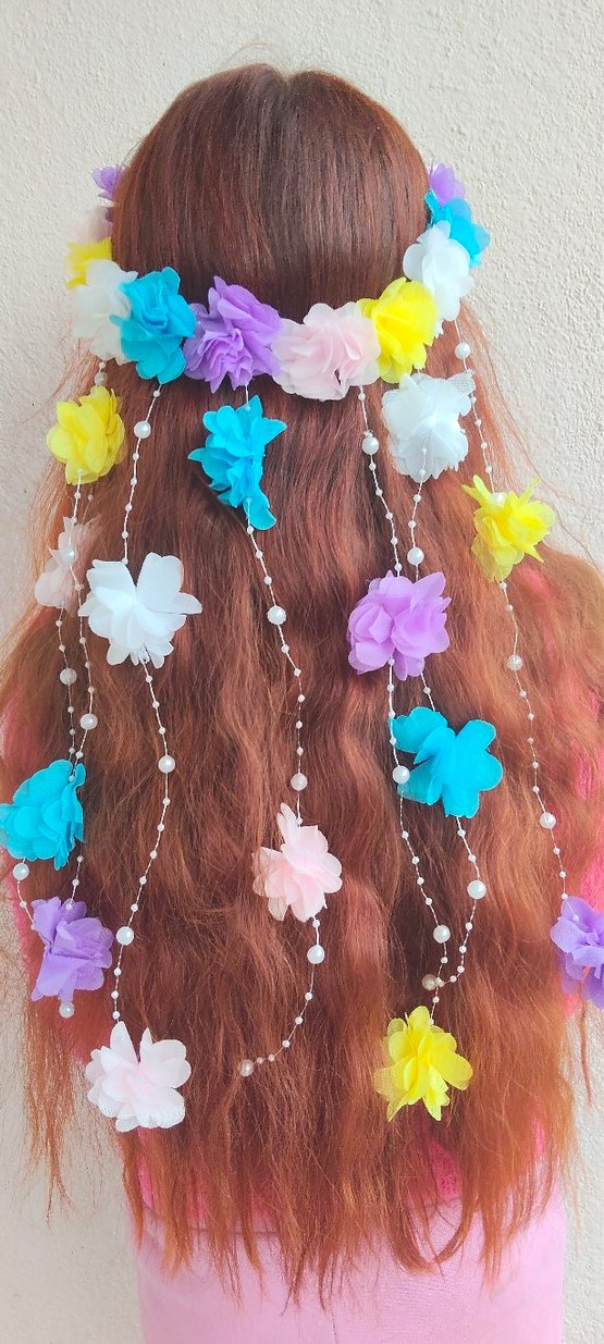 Boncuklu Pastel Renkli Bohem Çiçekli Saç Aksesuarı - Görsel 4