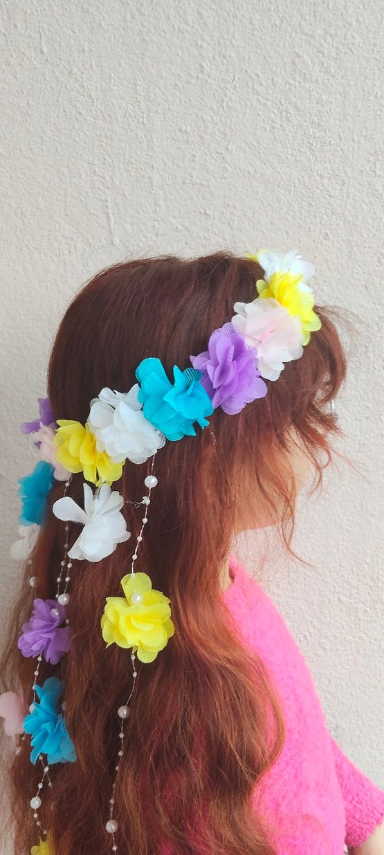 Boncuklu Pastel Renkli Bohem Çiçekli Saç Aksesuarı - Görsel 5