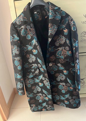 Zara Düğmeli Mavi Desenli Midi ceket