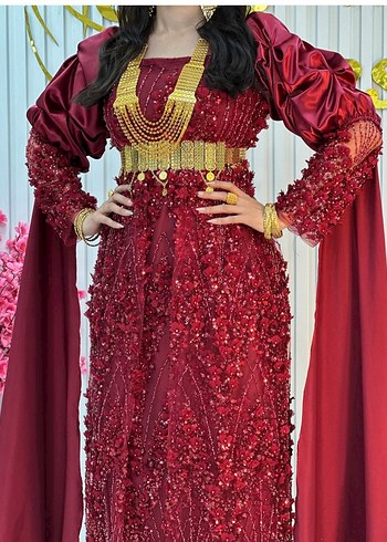 Bordo Uzun Kollu V Yaka Saten Henna Elbise - Görsel 2