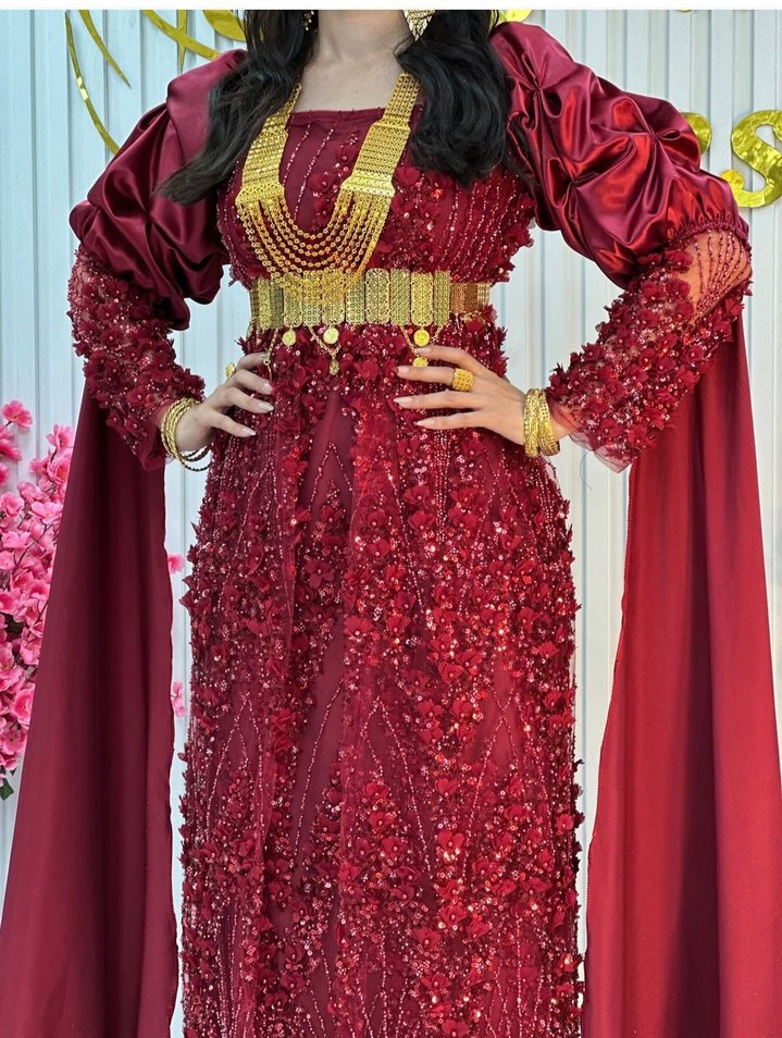 Bordo Uzun Kollu V Yaka Saten Henna Elbise - Görsel 2