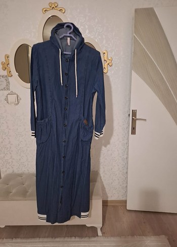Düğmeli Uzun Koyu Mavi Denim Hamile Ceketi