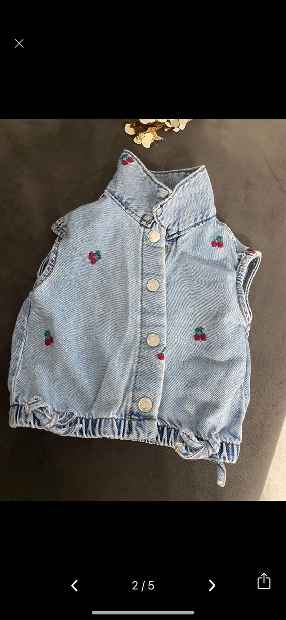Zara kiraz Nakışlı Mavi Kız Kot Pantolon ve kot yelek - Görsel 2