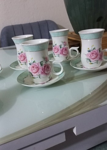  Beden beyaz Renk Porselen Gül Desenli 6'lı Çay Fincanı Takımı