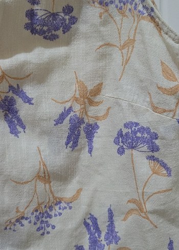 Bej Çiçek Desenli Kolsuz Keten Gömlek - Görsel 3