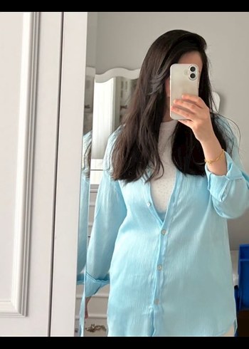 Mavi saten Gömlek - Görsel 2