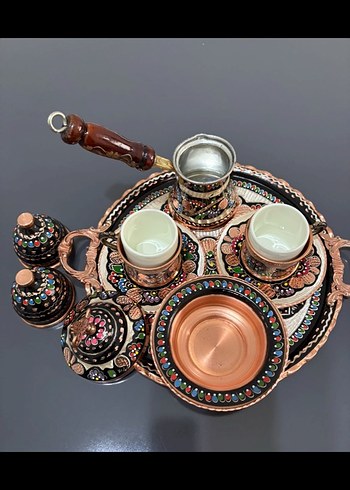 Bakır İşlemeli Renkli Kahve Seti - Görsel 3