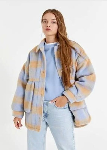 l Beden mavi Renk Pull&Bear Kareli Yünlü Kürk Ceket