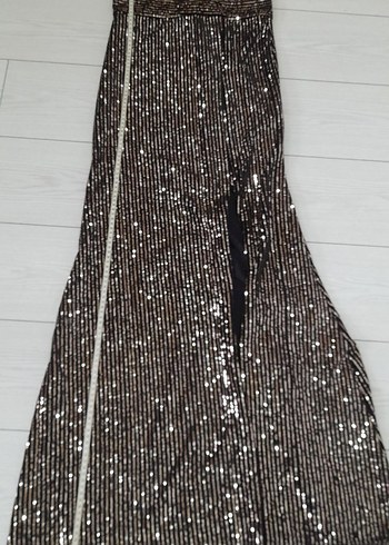 Gri Çizgili Uzun Abiye Elbise - Görsel 5