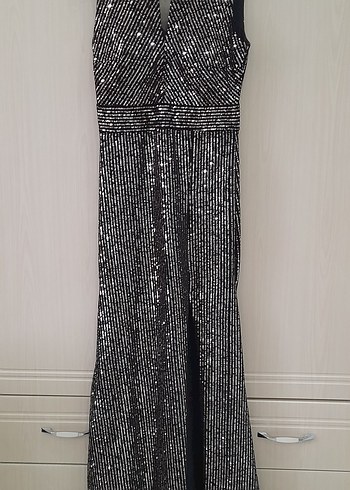 Gri Çizgili Uzun Abiye Elbise - Görsel 2