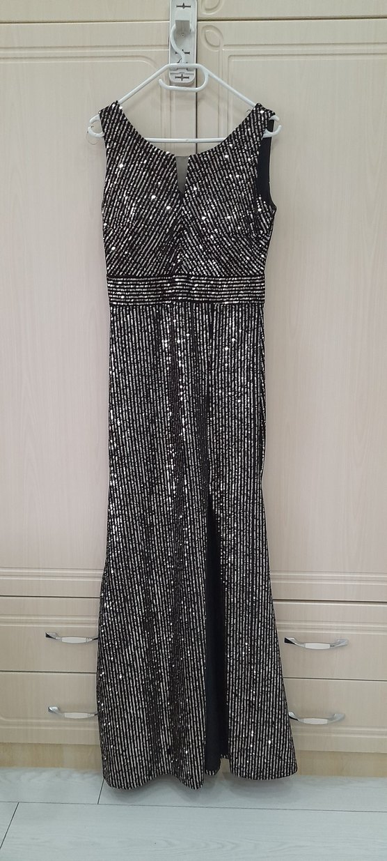 Gri Çizgili Uzun Abiye Elbise - Görsel 2