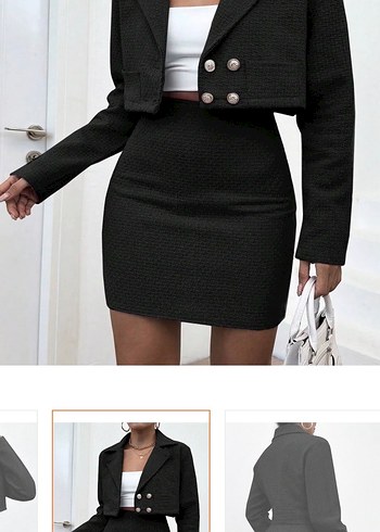 Düğmeli Siyah Mini Kadın Takım Elbise - Görsel 2