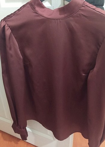 Bordo Saten Kadın Bluz, Uzun Kollu, Salaş - Görsel 2