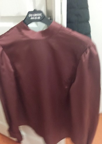 Bordo Saten Kadın Bluz, Uzun Kollu, Salaş - Görsel 4