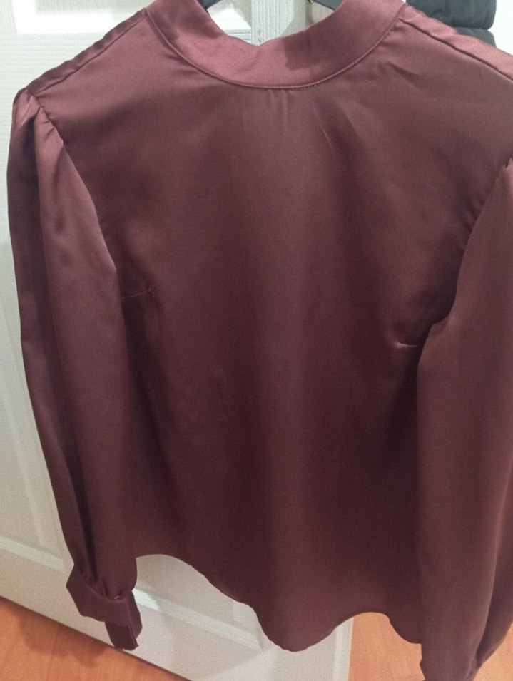 Bordo Saten Kadın Bluz, Uzun Kollu, Salaş - Görsel 2