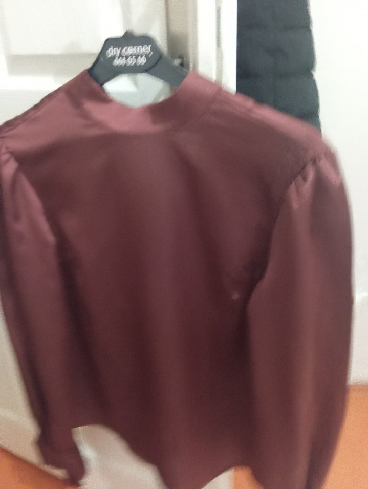 Bordo Saten Kadın Bluz, Uzun Kollu, Salaş - Görsel 4