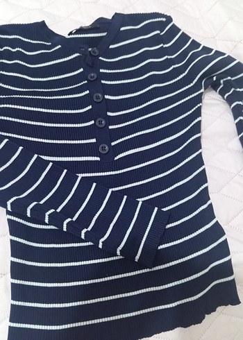 Düğmeli Çizgili Kadın Mavi Triko - Görsel 2