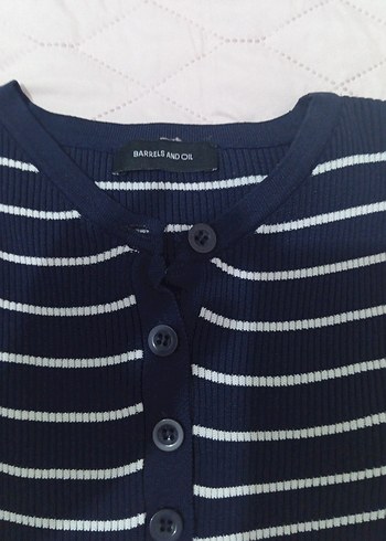 Düğmeli Çizgili Kadın Mavi Triko - Görsel 3