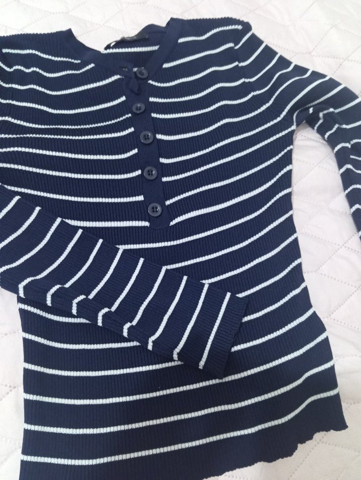 Düğmeli Çizgili Kadın Mavi Triko - Görsel 2