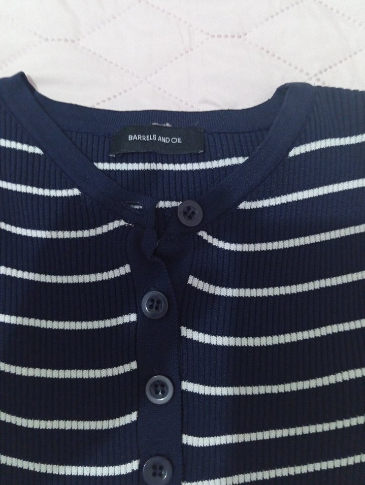 Düğmeli Çizgili Kadın Mavi Triko - Görsel 3