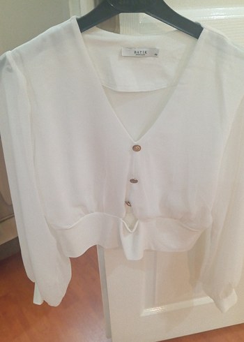 Batik Beyaz Midi V Yaka Düğmeli Kadın Gömlek kol detayı tüldür - Görsel 3