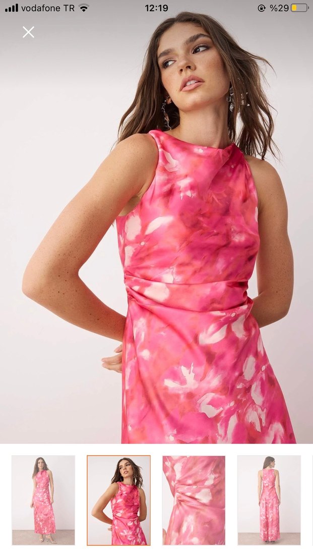 Pembe Uzun Bağlama Desenli Drapeli Elbise - Görsel 2