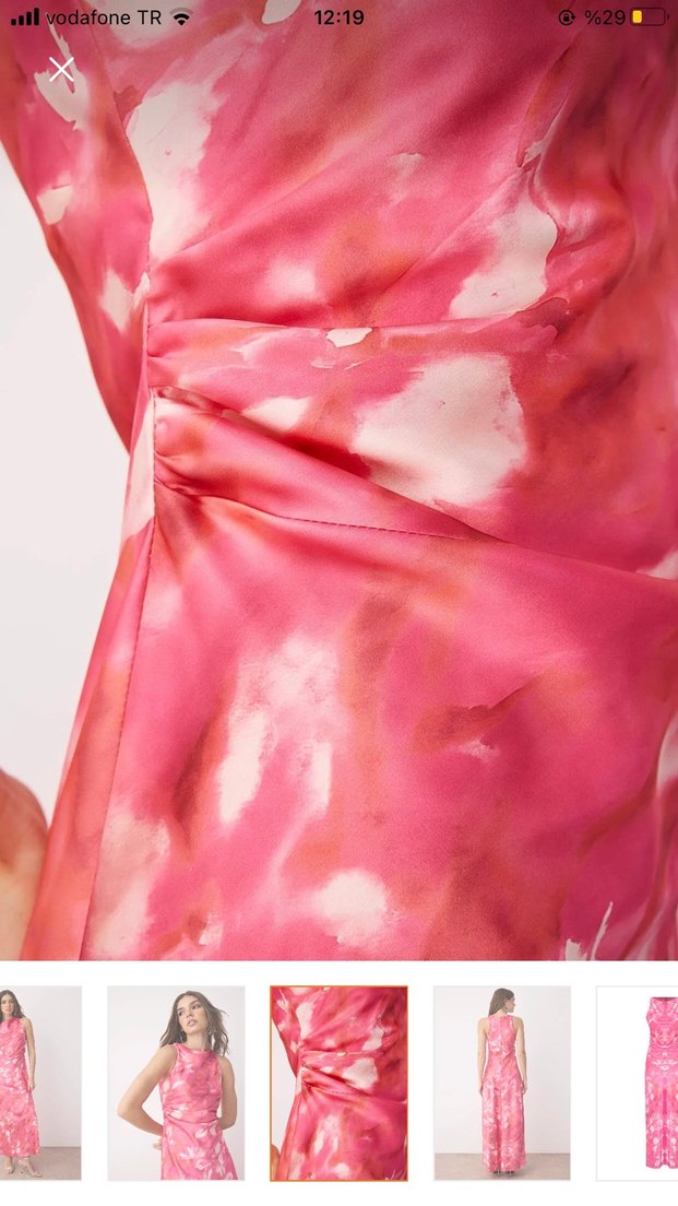 Pembe Uzun Bağlama Desenli Drapeli Elbise - Görsel 3