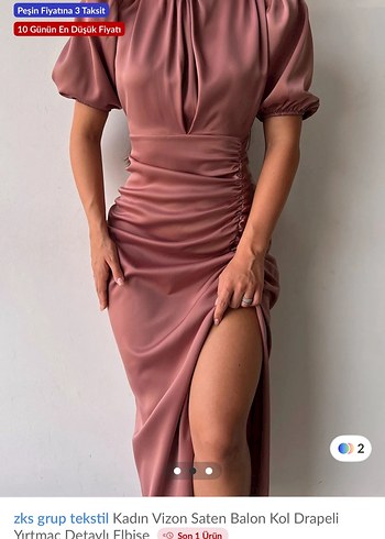 Kadın Vizon Saten Balon Kol Drapeli Uzun Elbise RENK GÜLKURUSU - Görsel 2