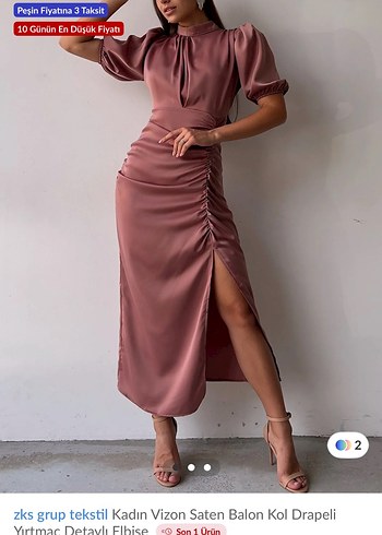 Kadın Vizon Saten Balon Kol Drapeli Uzun Elbise RENK GÜLKURUSU - Görsel 3