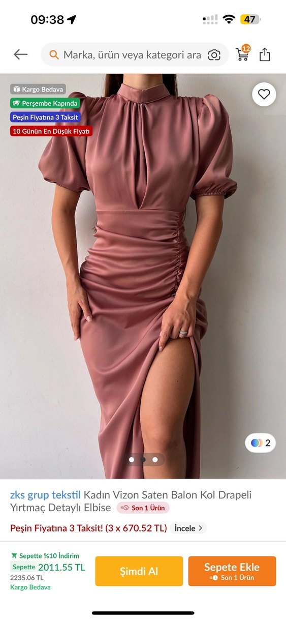 Kadın Vizon Saten Balon Kol Drapeli Uzun Elbise RENK GÜLKURUSU - Görsel 2