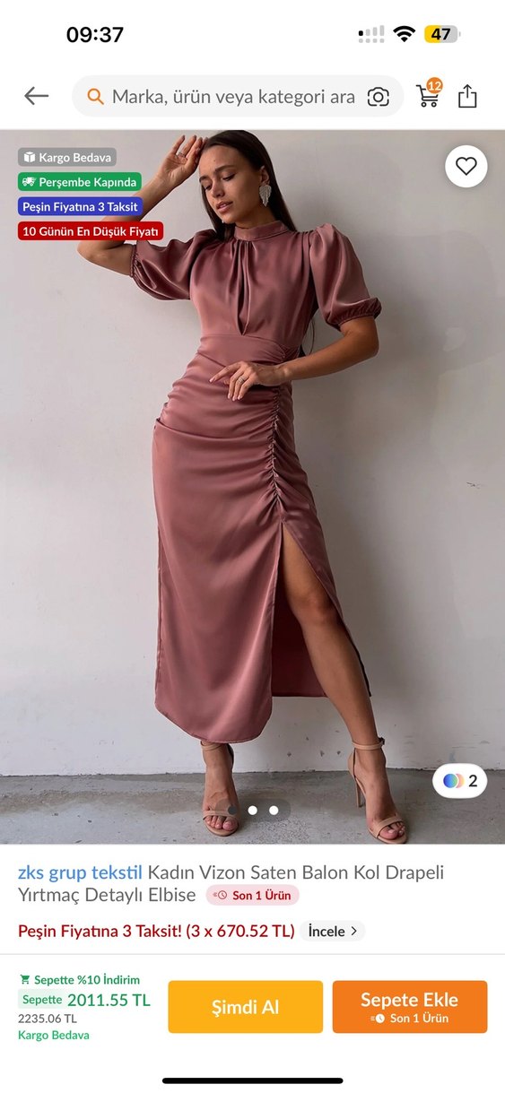 Kadın Vizon Saten Balon Kol Drapeli Uzun Elbise RENK GÜLKURUSU - Görsel 3