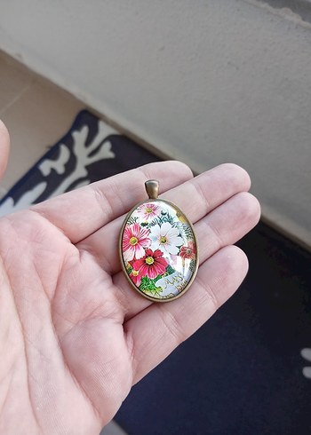 Pembe Çiçek Desenli Mini Bohem Kolye - Görsel 3