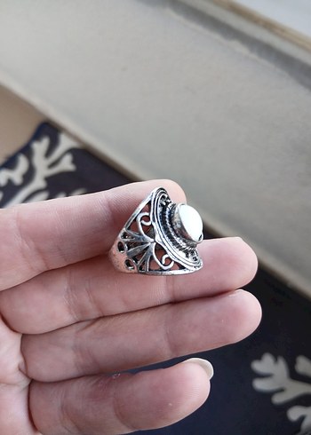 Beyaz Düğmeli Bohem Vintage Kadın Yüzük - Görsel 4