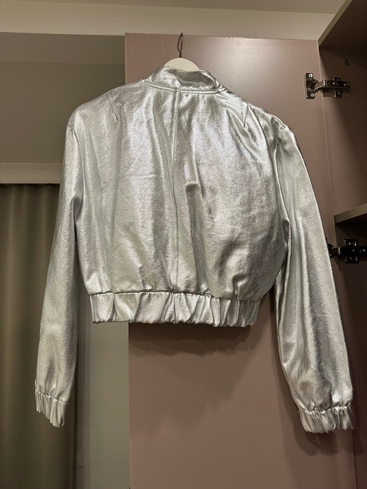 Gri Parlak Mini Deri Kadın Ceket - Görsel 2