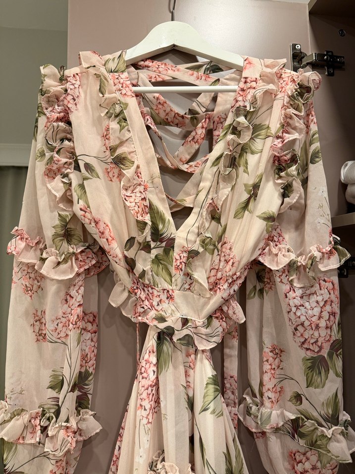 Pembe Çiçekli Uzun Fırfırlı Bohem Elbise - Görsel 2