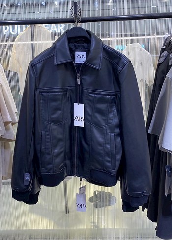 Zara Siyah Deri Fermuarlı erkek Ceket