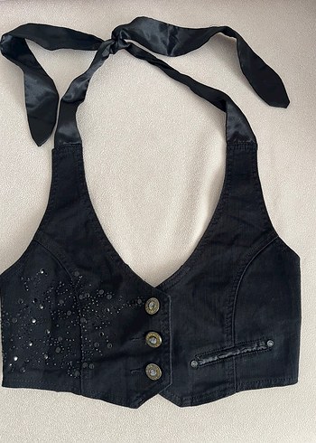 Düğmeli Siyah Denim Halter Yaka Kadın Yelek