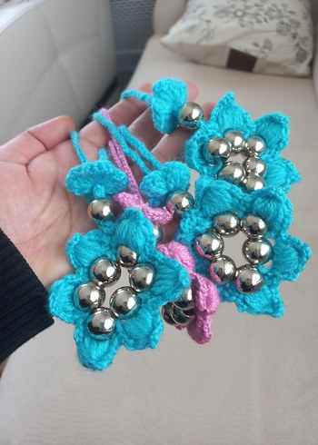 Turkuaz Boncuklu Çiçek Desenli Bohem Aksesuar Anahtarlık - Görsel 2