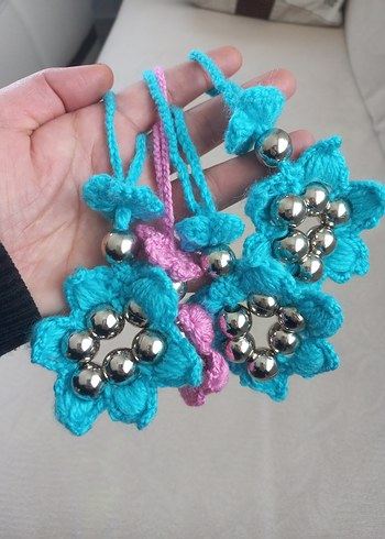 Turkuaz Boncuklu Çiçek Desenli Bohem Aksesuar Anahtarlık - Görsel 3