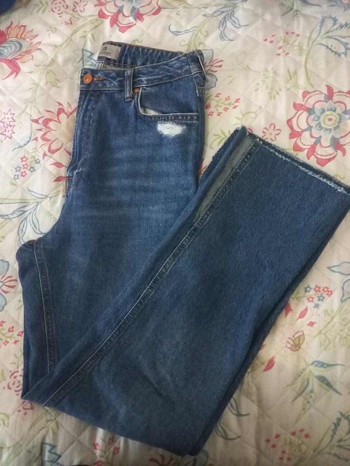 Düğmeli Gri Mavi Midi Boy Kadın Kot Pantolon - Görsel 2