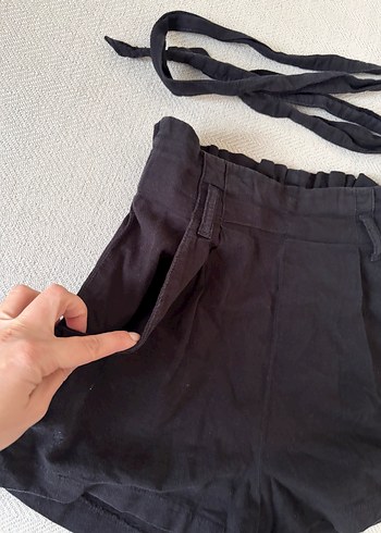 Siyah Keten Beli Kuşaklı Şort - Görsel 2